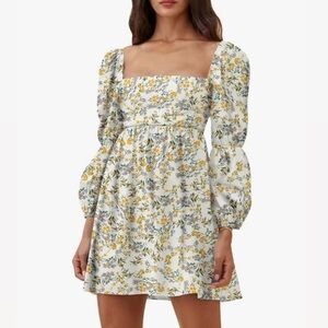 {Exlura} Floral Square Neck Puff Sleeve Dress